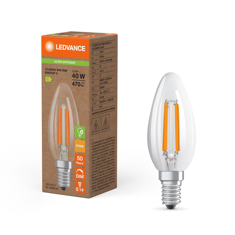 Osram / Ledvance LED Filament Kerze B klar 300° Superior UltraEfficient 2,9-40W/827 warmweiß 470lm E14 220-240V dimmbar
