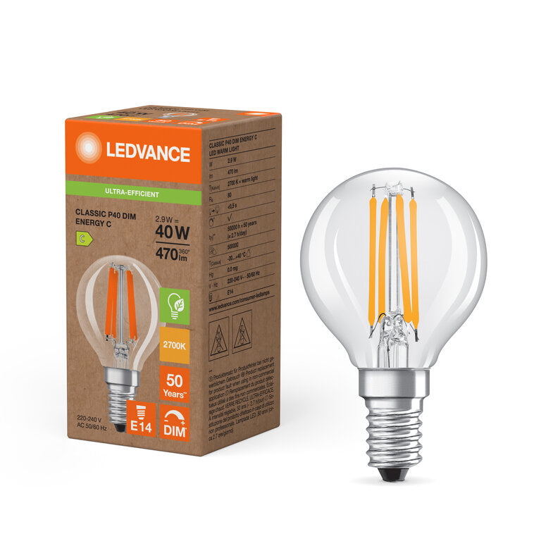 Osram / Ledvance LED Filament Superior Tropfen P klar 300° UltraEfficient 2,9-40W/827 warmweiß 470lm E14 220-240V dimmbar