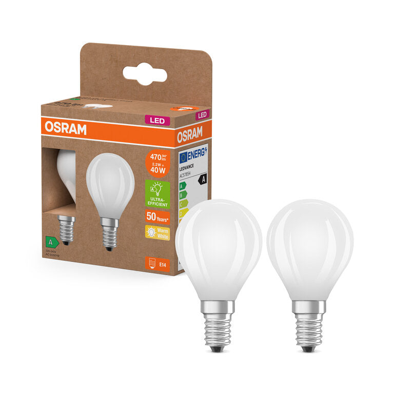 Osram / Ledvance LED Filament Tropfen P matt 330° UltraEfficient 1,2-40W/827 warmweiß 470lm E14 220-240V