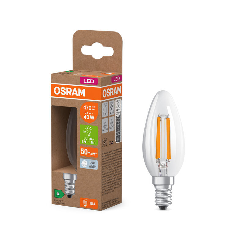 Osram / Ledvance LED Filament Kerze B klar 320° UltraEfficient 2,2-40W/840 kaltweiß 470lm E14 220-240V