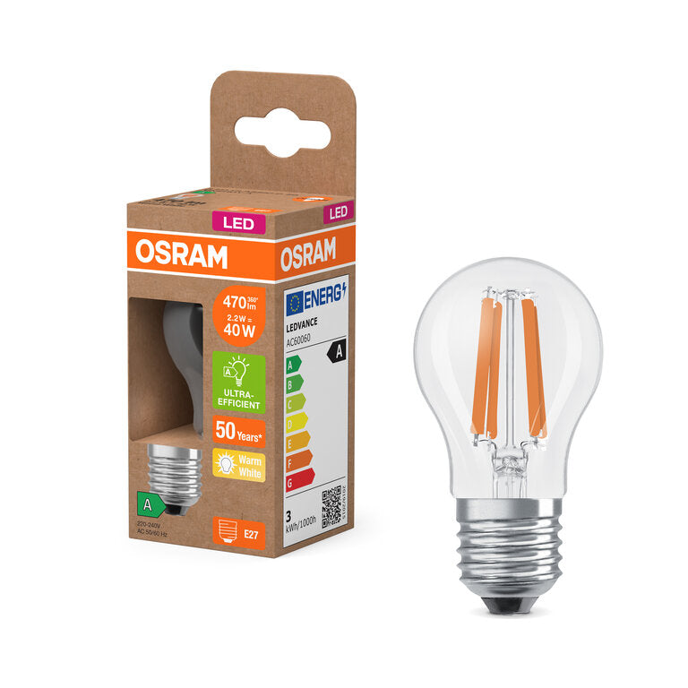 Osram / Ledvance LED Filament Tropfen P klar 320° UltraEfficient 2,2-40W/827 warmweiß 470lm E27 220-240V