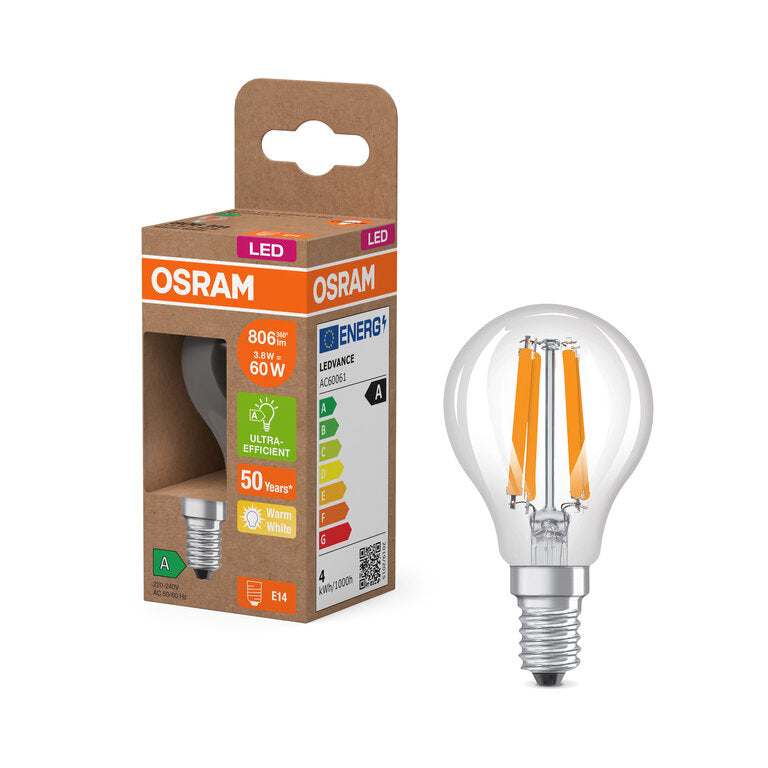 Osram / Ledvance LED Filament Tropfen P klar 320° UltraEfficient 3,8-60W/827 warmweiß 806lm E14 220-240V