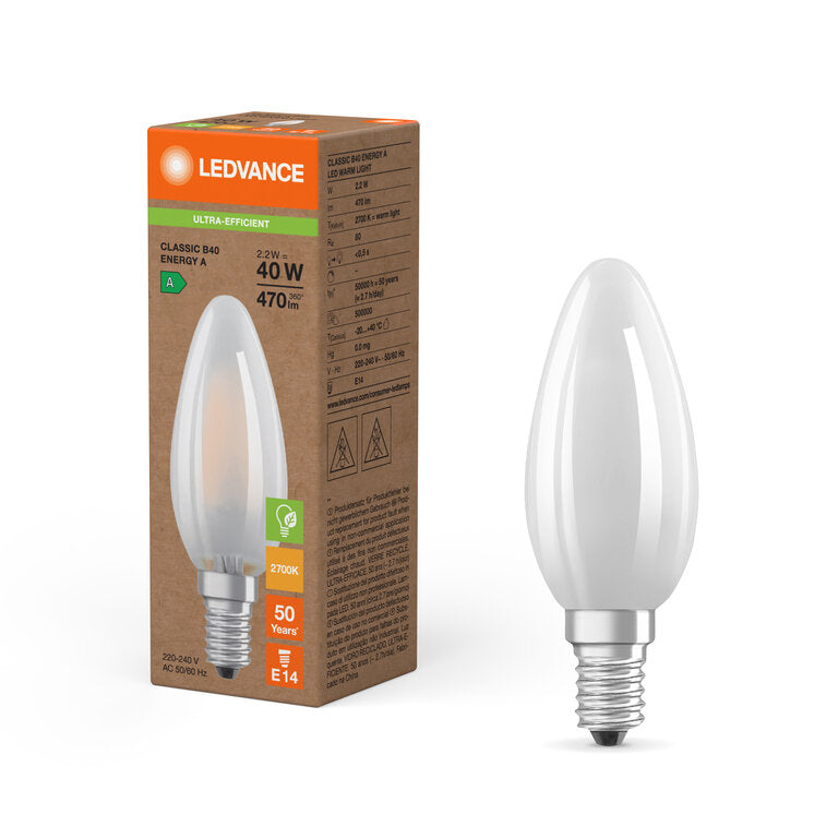 Osram / Ledvance LED Filament Kerze B matt 330° Superior UltraEfficient 2,2-40W/827 warmweiß 470lm E14 220-240V