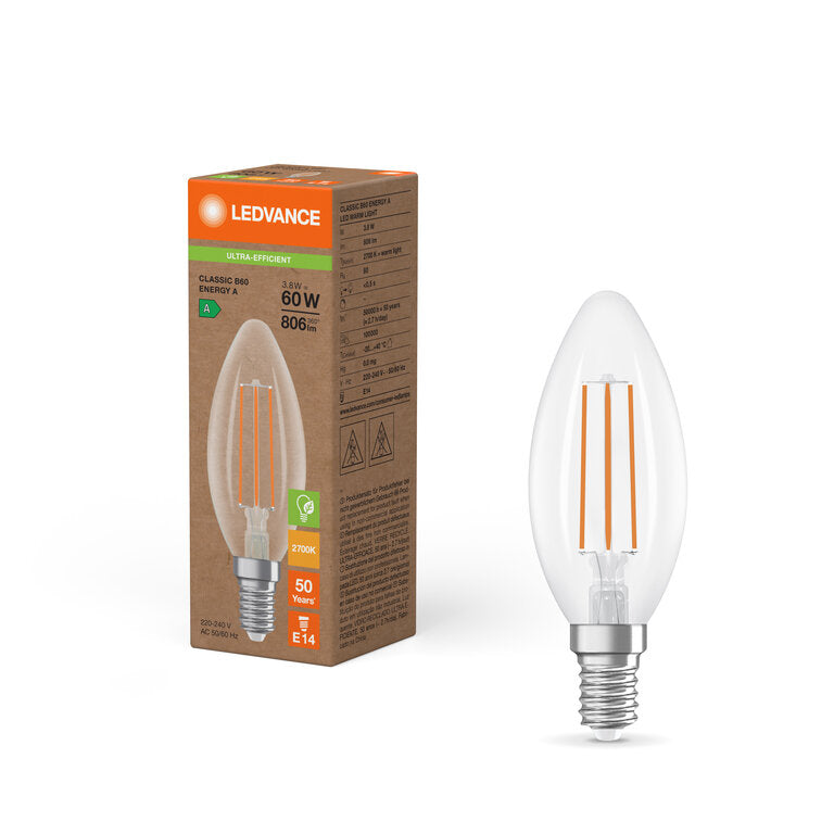 Osram / Ledvance LED Filament Kerze B klar 320° Superior UltraEfficient 3,8-60W/827 warmweiß 806lm E14 220-240V