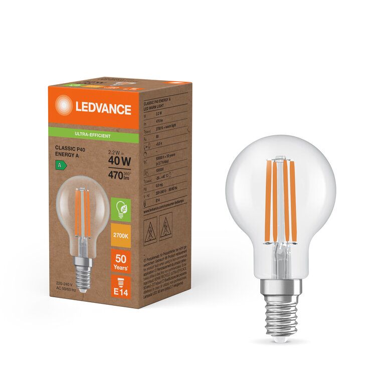 Osram / Ledvance LED Filament Tropfen P klar 320° Superior UltraEfficient 2,2-40W/827 warmweiß 470lm E14 220-240V