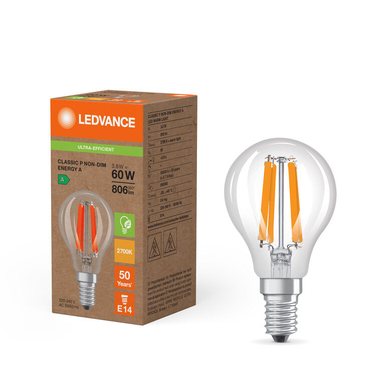 Osram / Ledvance LED Filament Superior Tropfen P klar 320° UltraEfficient 3,8-60W/827 warmweiß 806lm E14 220-240V