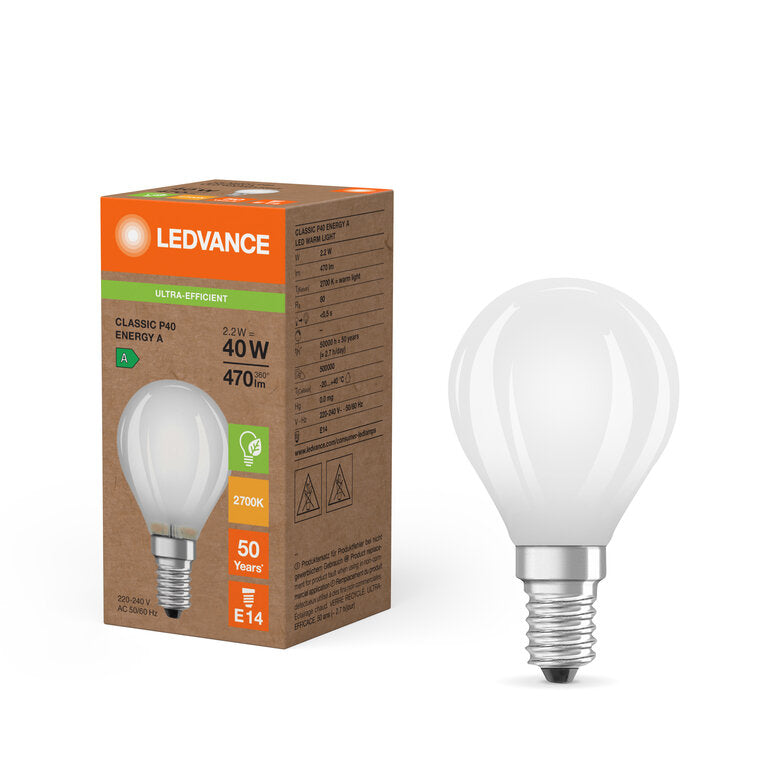 Osram / Ledvance LED Filament Tropfen P matt 330° Superior UltraEfficient 2,2-40W/827 warmweiß 470lm E14 220-240V