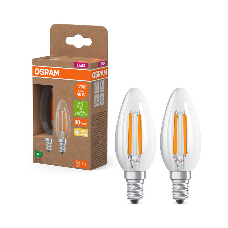 Osram / Ledvance LED Filament Kerze B klar 320° UltraEfficient 2,2-40W/827 warmweiß 470lm E14 220-240V 2er Pack