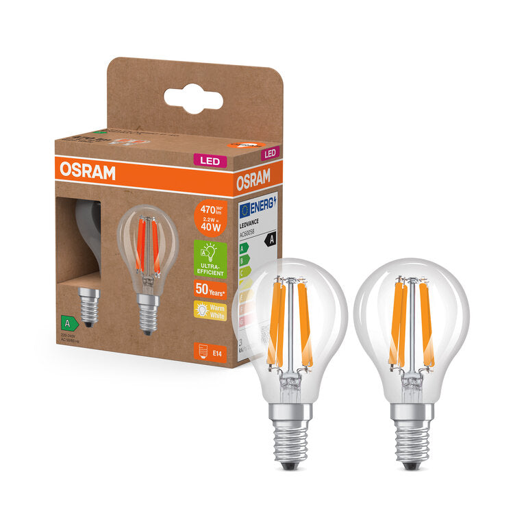 Osram / Ledvance LED Filament Tropfen P klar 320° UltraEfficient 2,2-40W/827 warmweiß 470lm E14 220-240V