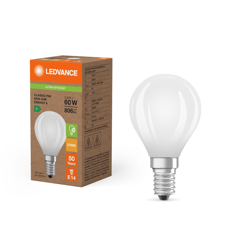 Osram / Ledvance LED Filament Tropfen P matt 330° Superior UltraEfficient 3,8-60W/827 warmweiß 806lm E14 220-240V
