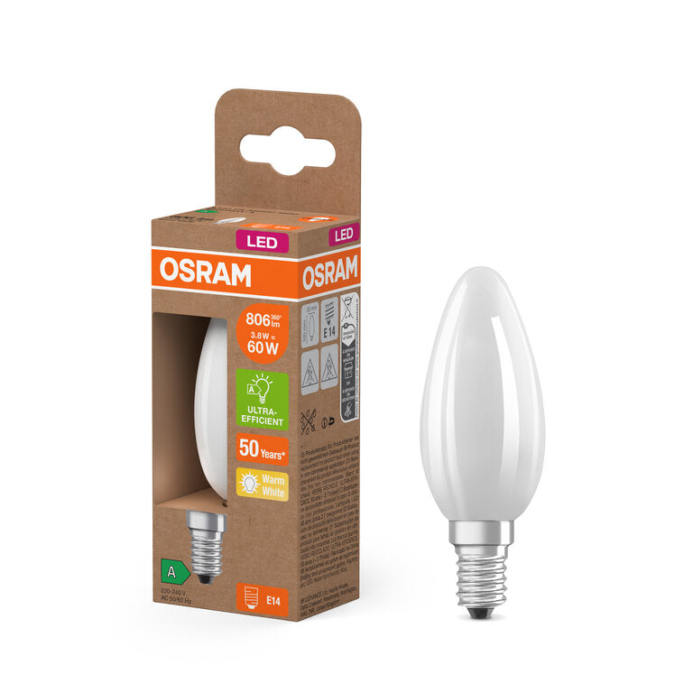 Osram / Ledvance LED Filament Kerze B matt 330° UltraEfficient 3,8-60W/827 warmweiß 806lm E14 220-240V