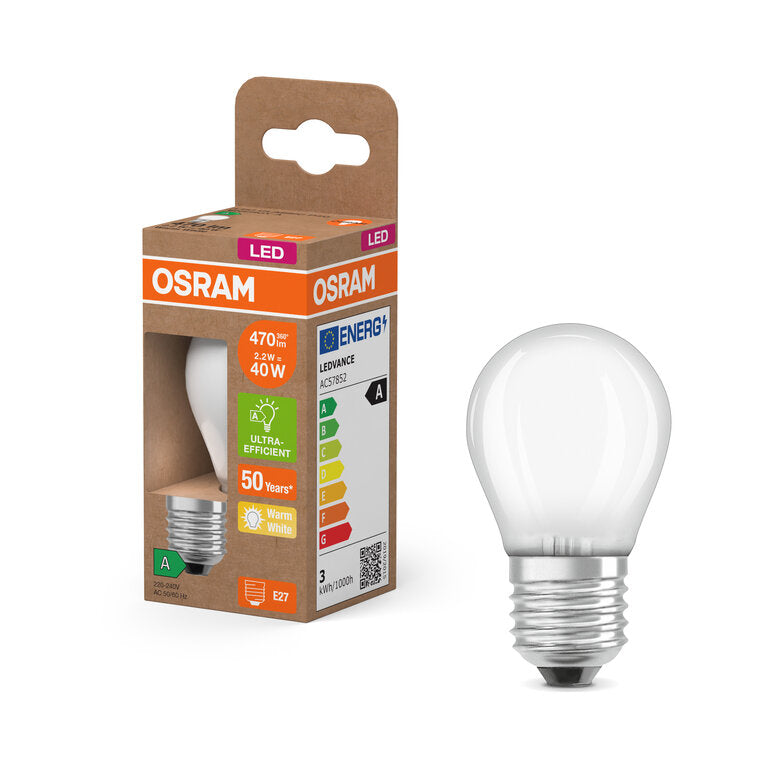 Osram / Ledvance LED Filament Tropfen P matt 330° UltraEfficient 2,2-40W/827 warmweiß 470lm E27 220-240V