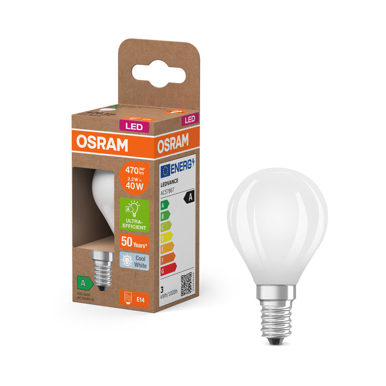 Osram / Ledvance LED Filament Tropfen P matt 330° UltraEfficient 2,2-40W/840 kaltweiß 470lm E14 220-240V