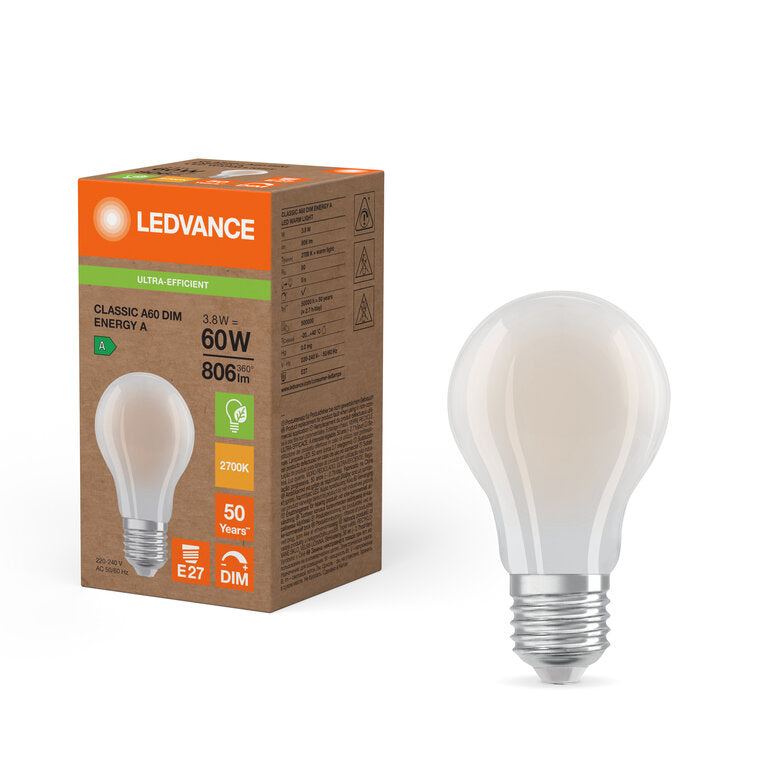 Osram / Ledvance LED Filament Classic A matt 320° Superior UltraEfficient 3,8-60W/827 warmweiß 806lm E27 220-240V dimmbar