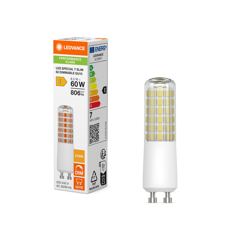 Osram / Ledvance LED Special T Slim T klar 320° 6,5-60W/827 warmweiß 806lm GU10 220-240V 72mm dimmbar