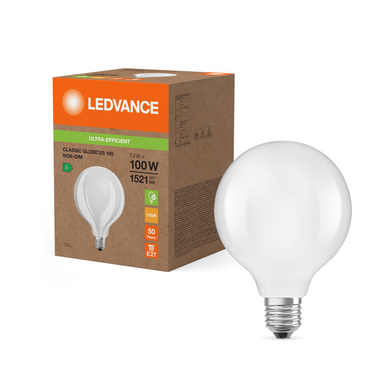 Osram / Ledvance LED Filament Globe G125 matt 330° Superior UltraEfficient 7,2-100W/827 warmweiß 1521lm E27 220-240V