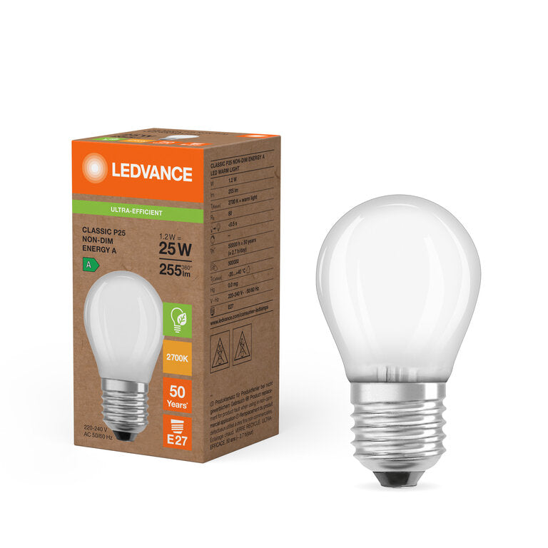 Osram / Ledvance LED Filament Tropfen P matt 330° Superior UltraEfficient 1,2-25W/827 warmweiß 255lm E27 220-240V