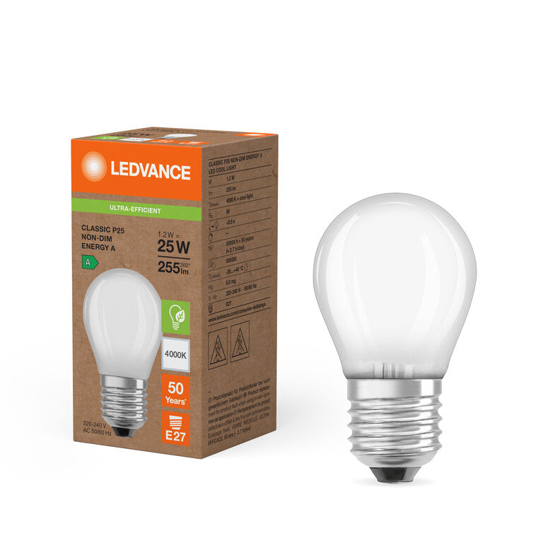 Osram / Ledvance LED Filament Tropfen P matt 330° Superior UltraEfficient 1,2-25W/840 kaltweiß 255lm E27 220-240V