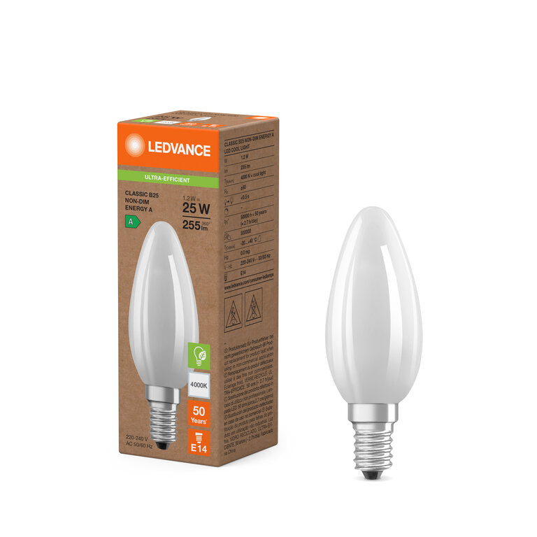 Osram / Ledvance LED Filament Kerze B matt 330° Superior UltraEfficient 1,2-25W/840 kaltweiß 255lm E14 220-240V