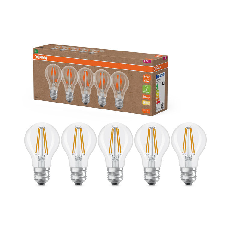 Osram / Ledvance LED Filament Classic A klar 300° UltraEfficient 3,8-60W/827 warmweiß 806lm E27 220-240V 5er Pack