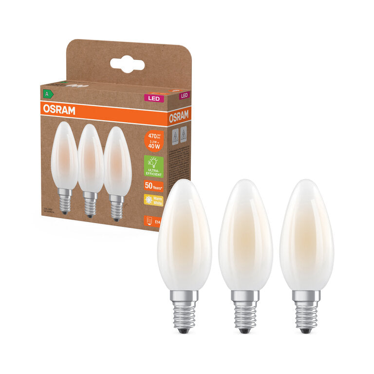 Osram / Ledvance LED Filament Kerze B matt 330° UltraEfficient 2,2-40W/827 warmweiß 470lm E14 220-240V 3er Pack