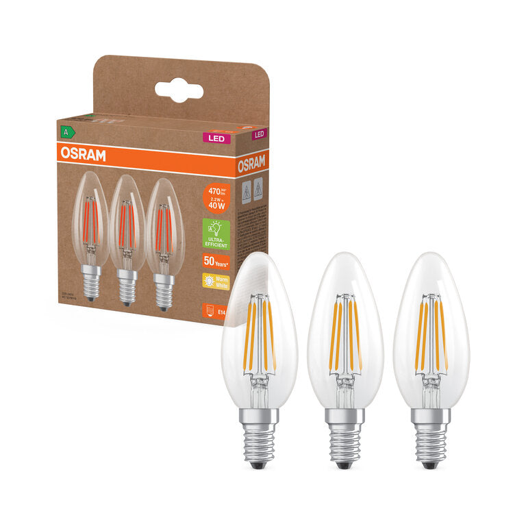 Osram / Ledvance LED Filament Kerze B klar 330° UltraEfficient 2,2-40W/827 warmweiß 470lm E14 220-240V 3er Pack
