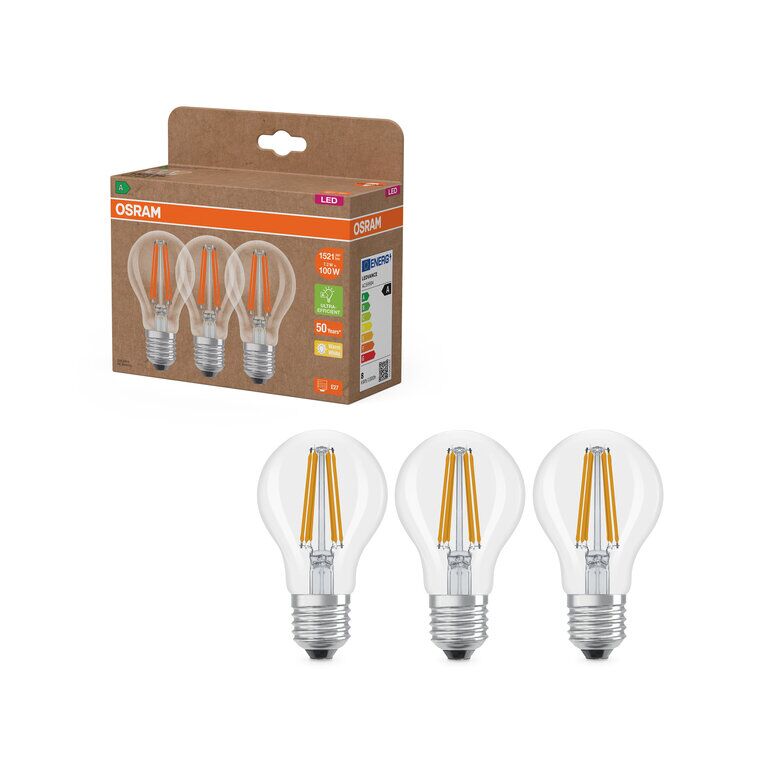 Osram / Ledvance LED Filament Classic A klar 300° UltraEfficient 7,2-100W/827 warmweiß 1521lm E27 220-240V 3er Pack