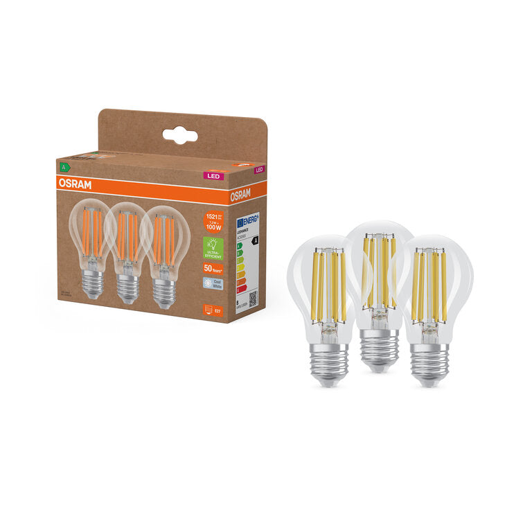 Osram / Ledvance LED Filament Classic A klar 320° UltraEfficient 7,2-100W/840 kaltweiß 1521lm E27 220-240V 3er Pack