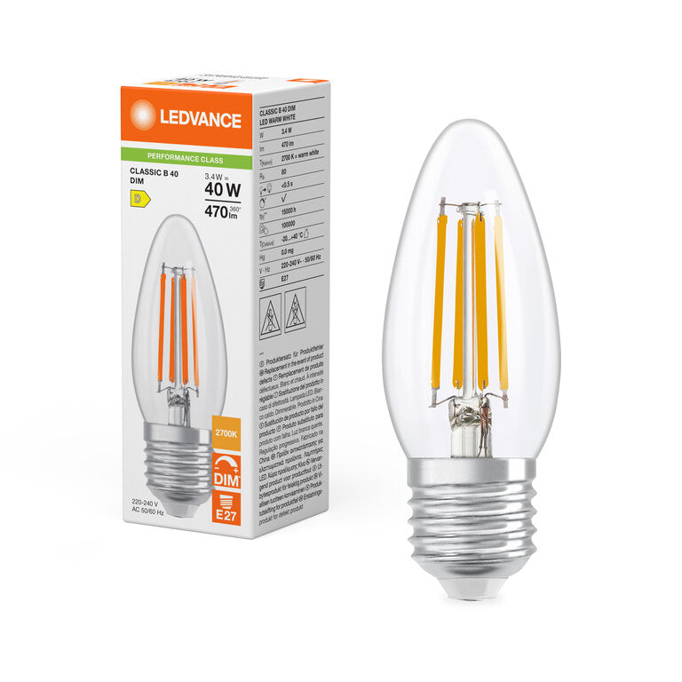 Osram / Ledvance LED Filament Kerze B klar 320° Performance 3,4-40W/827 warmweiß 470lm E27 220-240V dimmbar