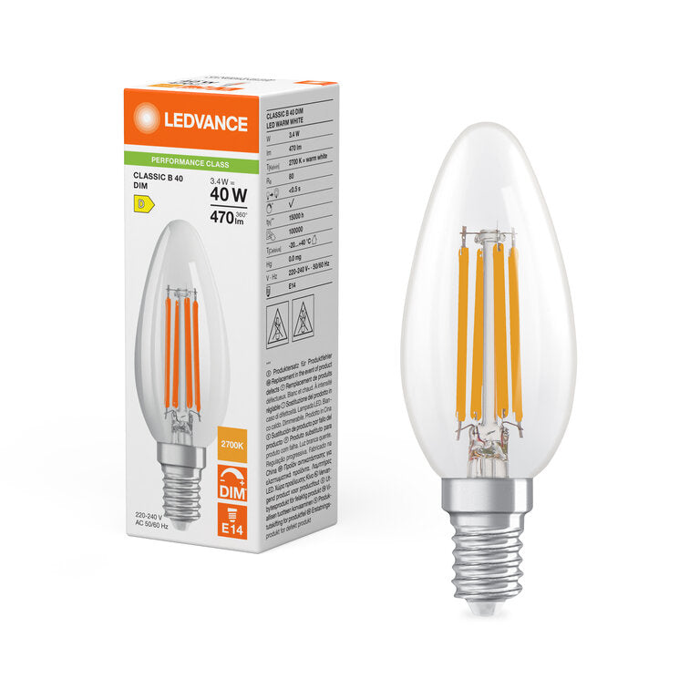 Osram / Ledvance LED Filament Kerze B klar 320° Performance 3,4-40W/827 warmweiß 470lm E14 220-240V dimmbar