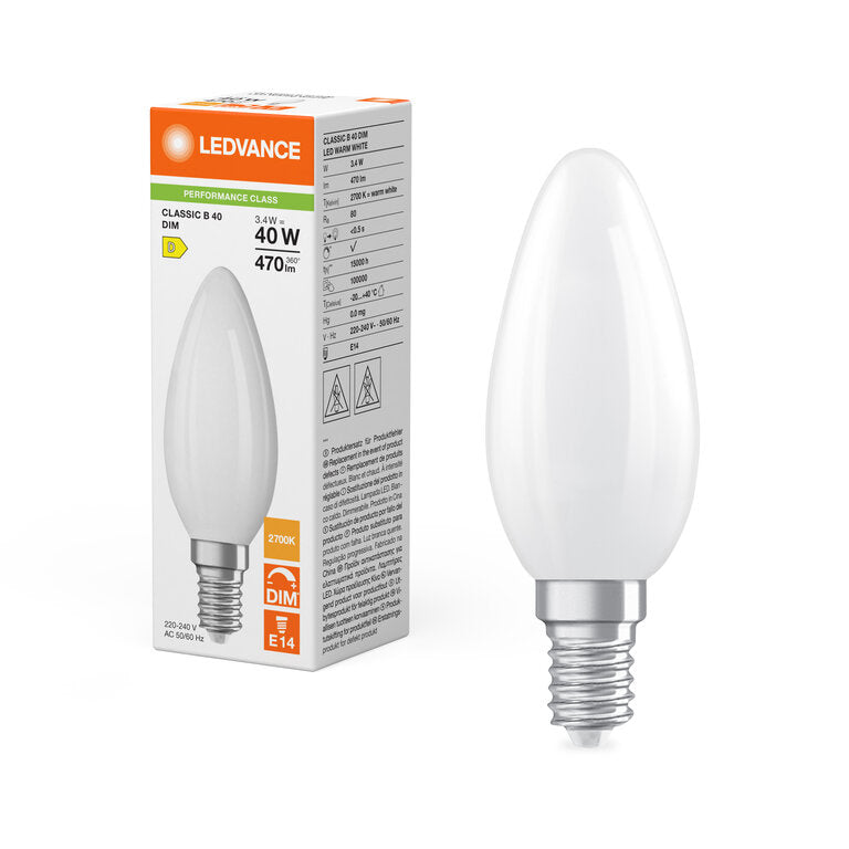 Osram / Ledvance LED Filament Kerze B matt 320° Performance 3,4-40W/827 warmweiß 470lm E14 220-240V dimmbar