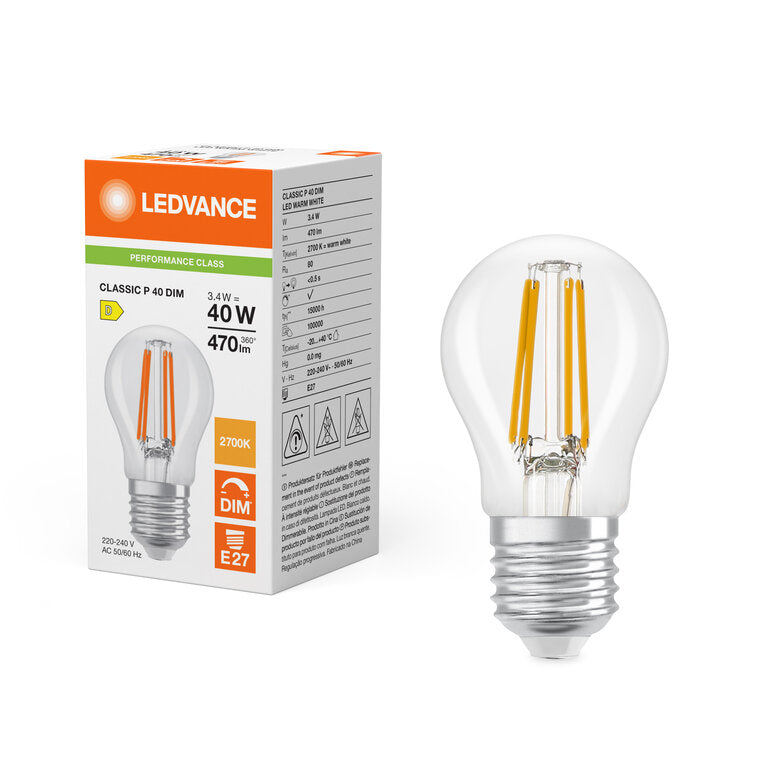 Osram / Ledvance LED Filament Tropfen P klar 320° Performance 3,4-40W/827 warmweiß 470lm E27 220-240V dimmbar