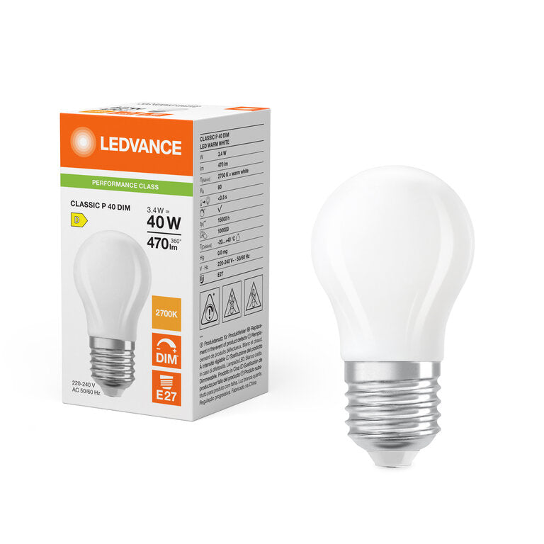 Osram / Ledvance LED Filament Tropfen P matt 320° Performance 3,4-40W/827 warmweiß 470lm E27 220-240V dimmbar