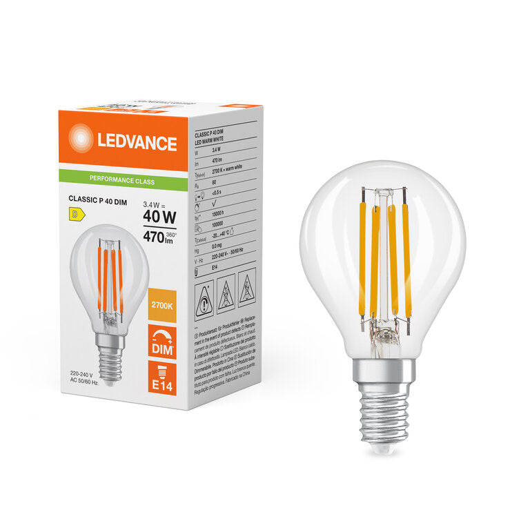 Osram / Ledvance LED Filament Tropfen P klar 320° Performance 3,4-40W/827 warmweiß 470lm E14 220-240V dimmbar