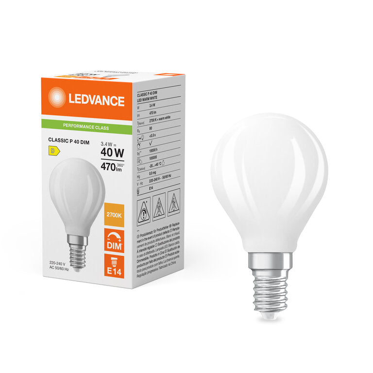 Osram / Ledvance LED Filament Tropfen P matt 320° Performance 3,4-40W/827 warmweiß 470lm E14 220-240V dimmbar