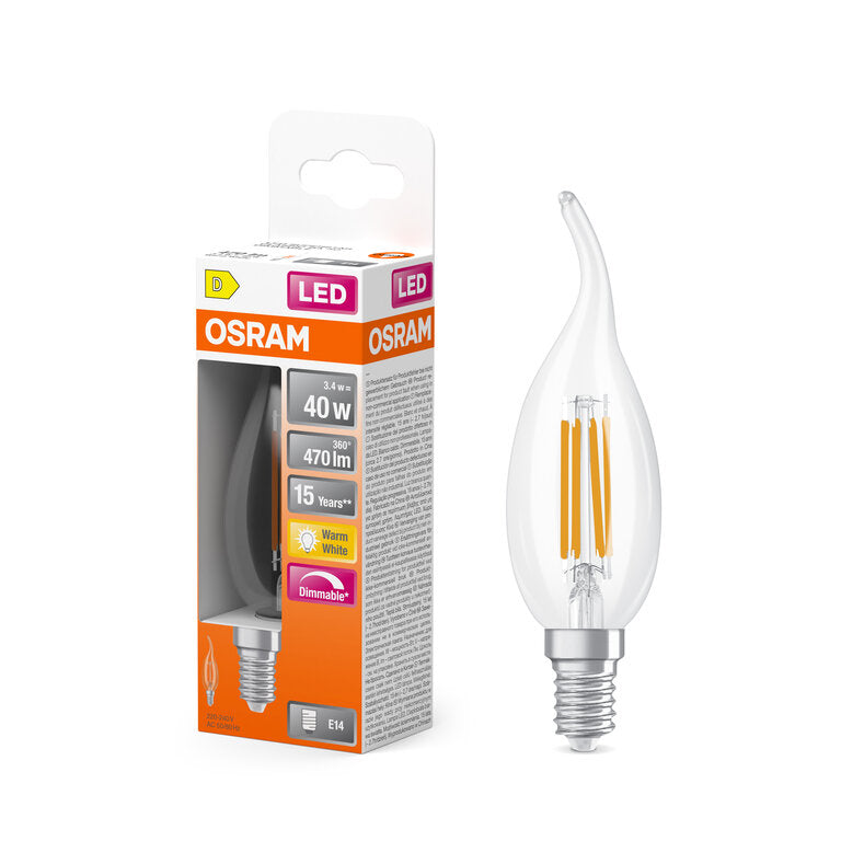 Osram / Ledvance LED Filament Superstar Kerze BA klar Windstoß 320° 3,4-40W/827 warmweiß 470lm E14 220-240V dimmbar