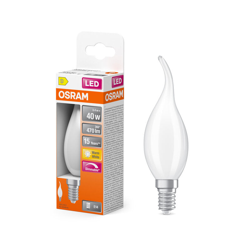 Osram / Ledvance LED Filament Superstar Kerze BA matt Windstoß 320° 3,4-40W/827 warmweiß 470lm E14 220-240V dimmbar