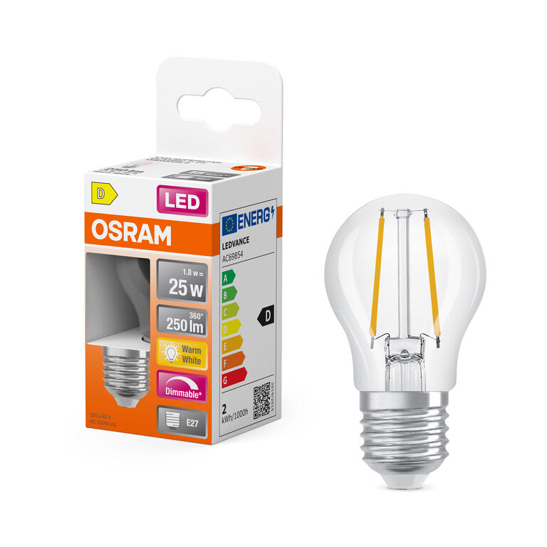 Osram / Ledvance LED Filament Superstar Tropfen P klar 320° 1,8-25W/827 warmweiß 250lm E27 220-240V dimmbar