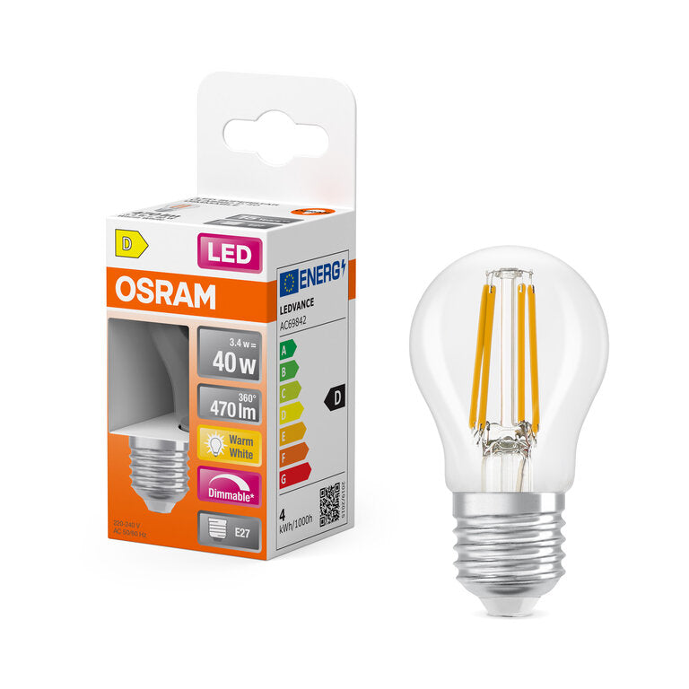 Osram / Ledvance LED Filament Superstar Tropfen P klar 320° 3,4-40W/827 warmweiß 470lm E27 220-240V dimmbar
