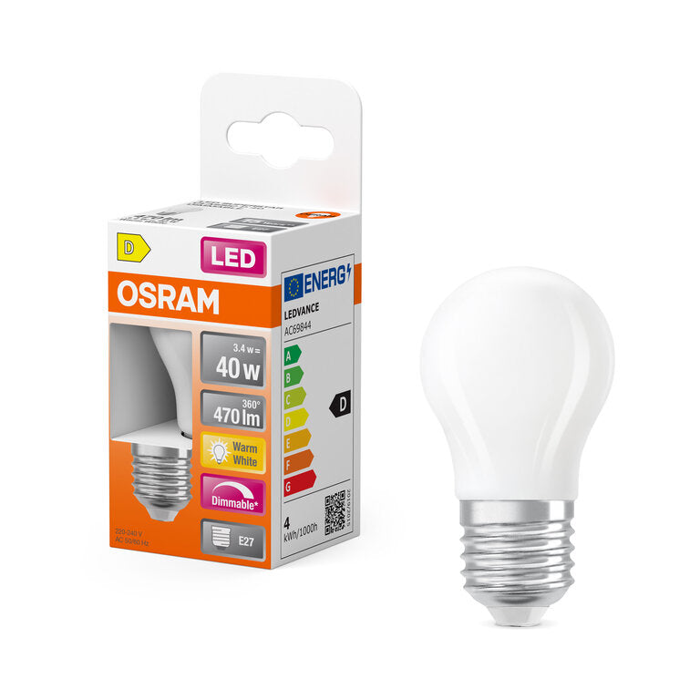 Osram / Ledvance LED Filament Superstar Tropfen P matt 320° 3,4-40W/827 warmweiß 470lm E27 220-240V dimmbar