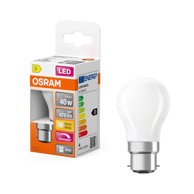 Osram / Ledvance LED Filament Superstar Tropfen P matt 320° 3,4-40W/827 warmweiß 470lm B22d 220-240V dimmbar