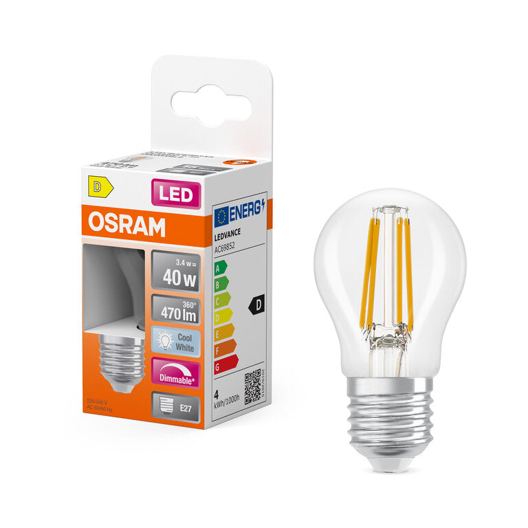 Osram / Ledvance LED Filament Superstar Tropfen P klar 320° 3,4-40W/840 kaltweiß 470lm E27 220-240V dimmbar