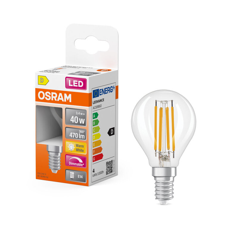 Osram / Ledvance LED Filament Superstar Tropfen P klar 320° 3,4-40W/827 warmweiß 470lm E14 220-240V dimmbar
