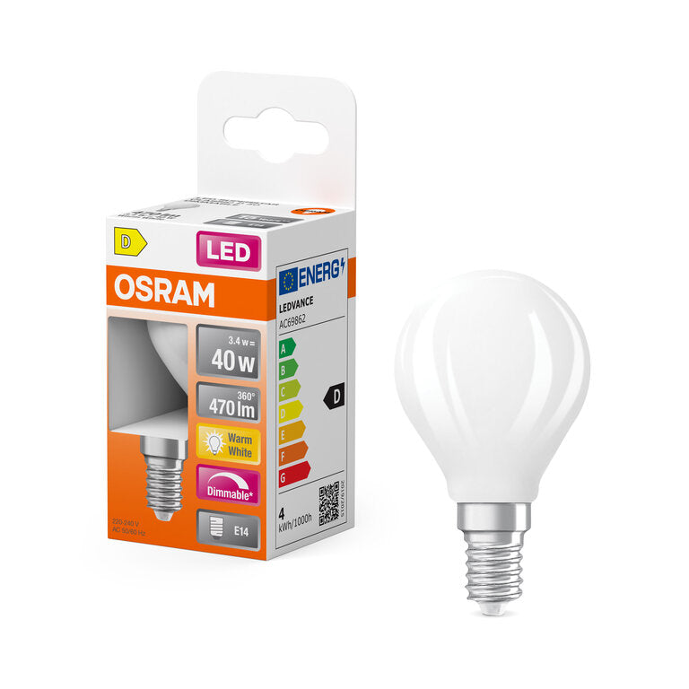 Osram / Ledvance LED Filament Superstar Tropfen P matt 320° 3,4-40W/827 warmweiß 470lm E14 220-240V dimmbar