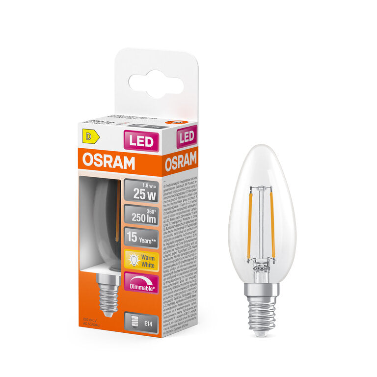 Osram / Ledvance LED Filament Superstar Kerze B klar 320° 1,8-25W/827 warmweiß 250lm E14 220-240V dimmbar