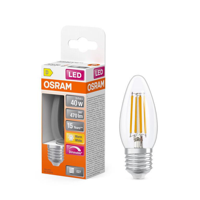 Osram / Ledvance LED Filament Superstar Kerze B klar 320° 3,4-40W/827 warmweiß 470lm E27 220-240V dimmbar