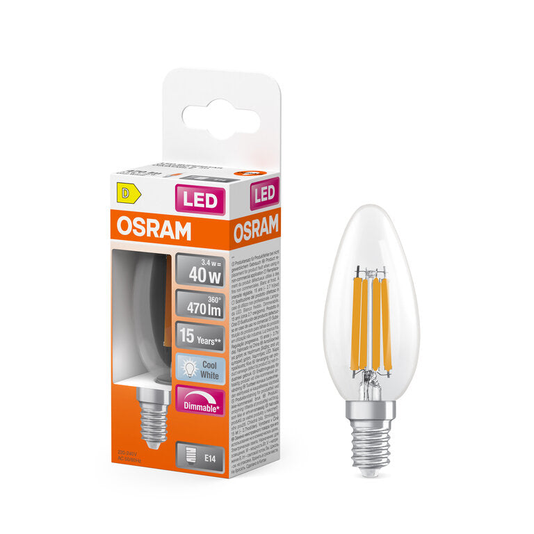 Osram / Ledvance LED Filament Superstar Kerze B klar 320° 3,4-40W/840 kaltweiß 470lm E14 220-240V dimmbar