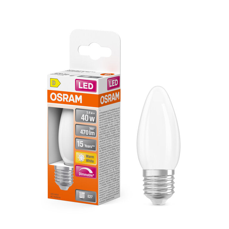 Osram / Ledvance LED Filament Superstar Kerze B matt 320° 3,4-40W/827 warmweiß 470lm E27 220-240V dimmbar