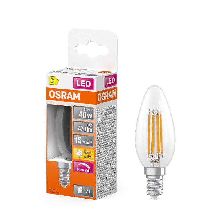 Osram / Ledvance LED Filament Superstar Kerze B klar 320° 3,4-40W/827 warmweiß 470lm E14 220-240V dimmbar