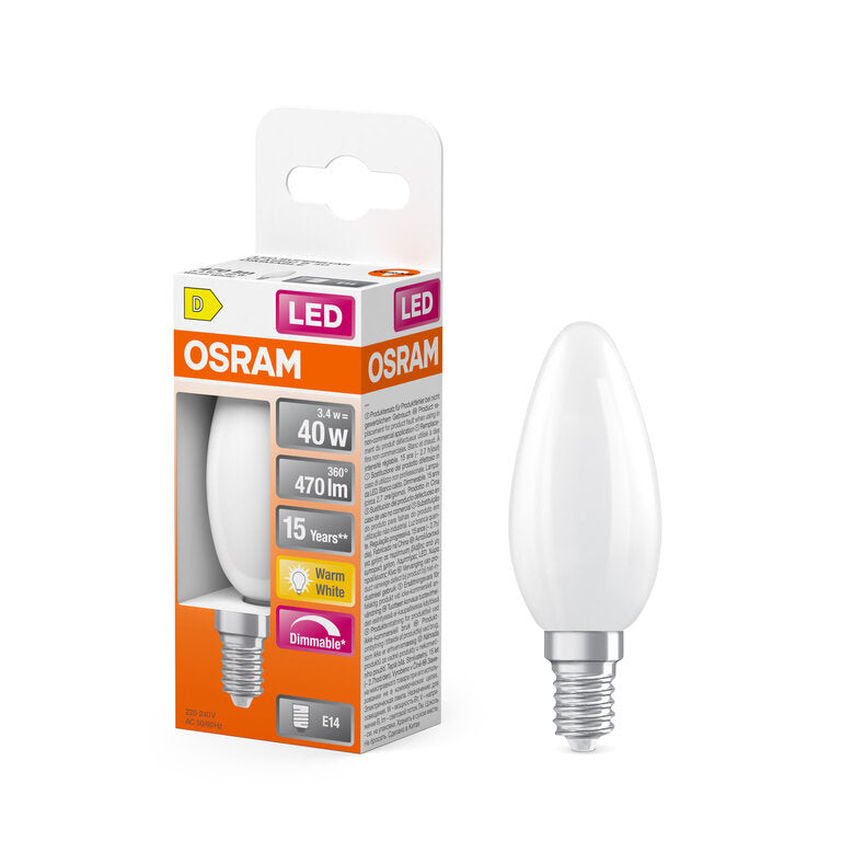 Osram / Ledvance LED Filament Superstar Kerze B matt 320° 3,4-40W/827 warmweiß 470lm E14 220-240V dimmbar